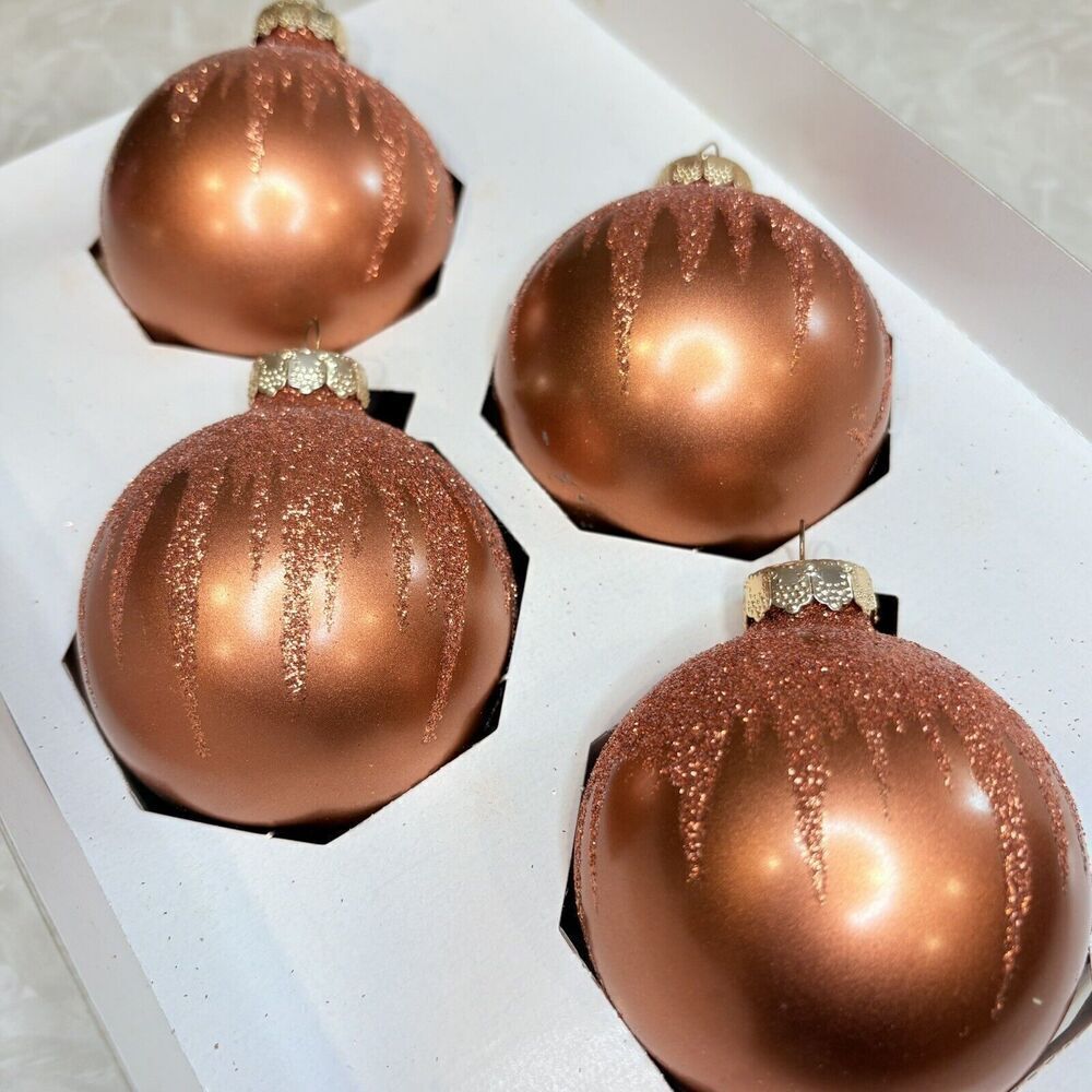 Rauch Bronze Copper Glitter Sparkle Blown Glass Decorated Boxed 4 Set Ornaments